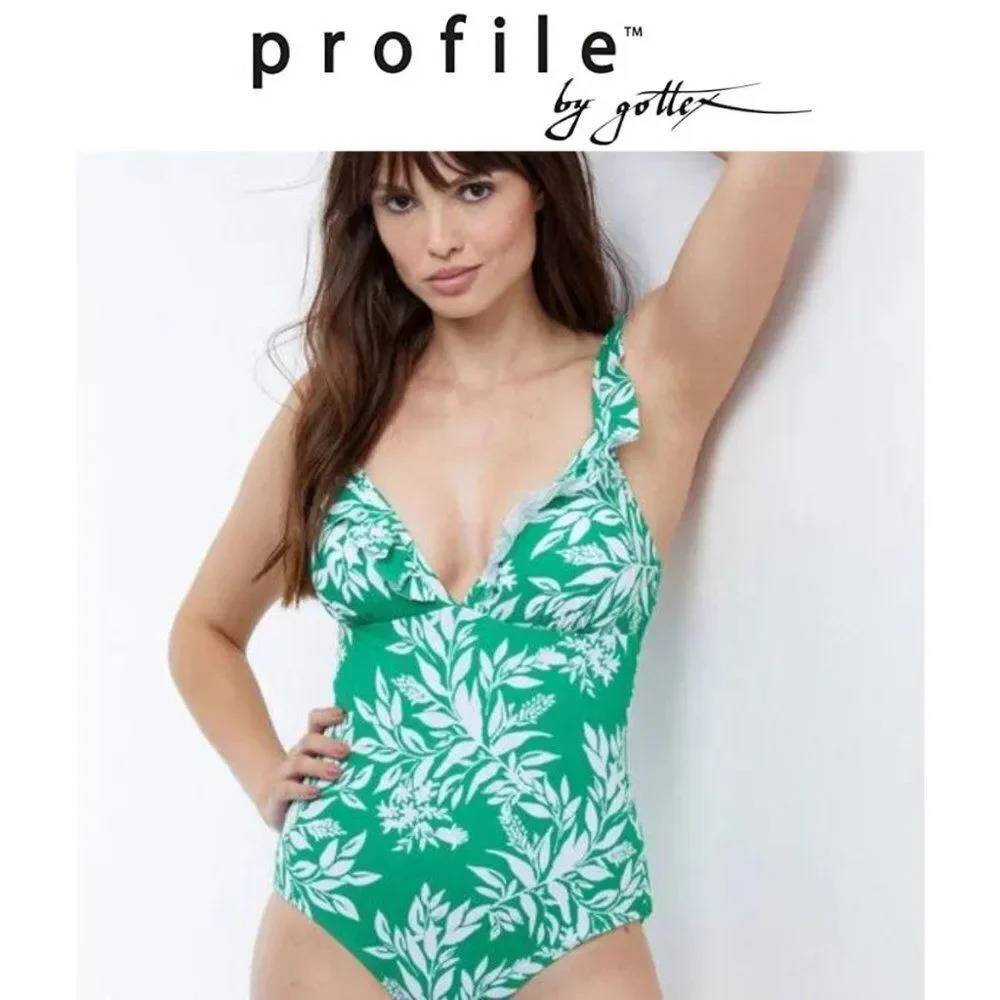 Profile by Gottex - Leaf Print One-Piece Swimsuit Green & White Size 12